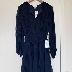 Mila Mae Navy Pleated Long Sleeve Dress with Tie Waist